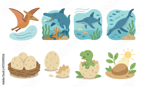 Ancient marine life: dinosaurs, aquatic creatures, and hatching eggs illustration