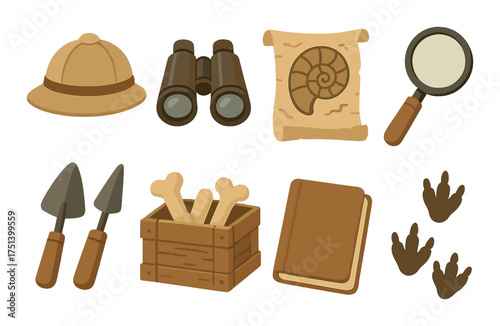 Archaeology tools and fossils with magnifying glass, helmet, and binoculars on brown background