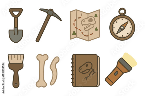 Illustrated archaeology tools and fossil map design on brown background