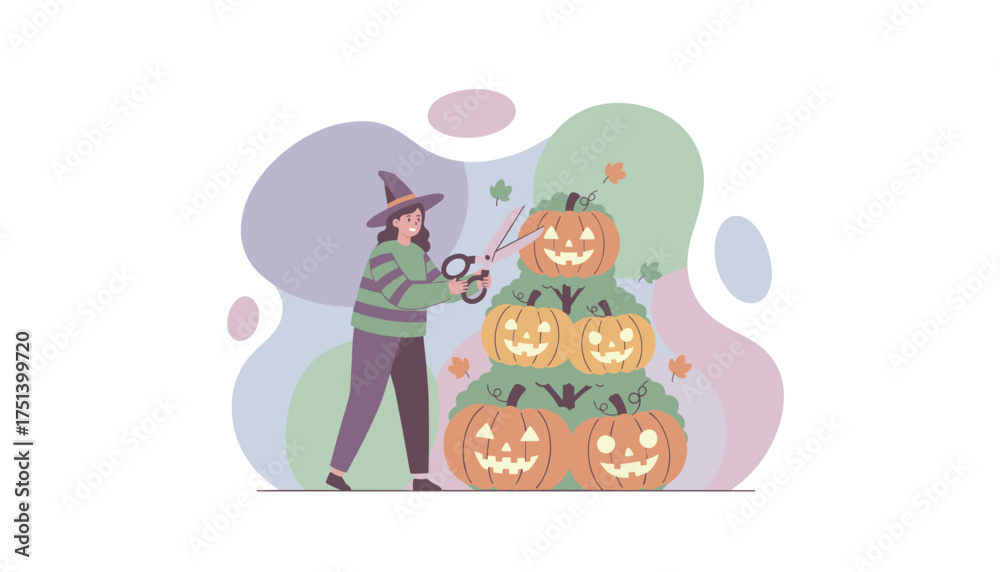 Obraz premium Woman in witch hat joyfully decorates a pumpkin pyramid for Halloween celebration