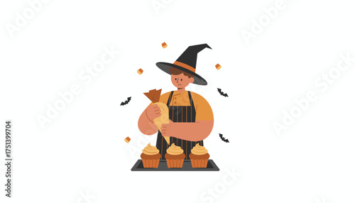 Happy baker in witch hat decorates spooky Halloween cupcakes with frosting Festive holiday treat prep