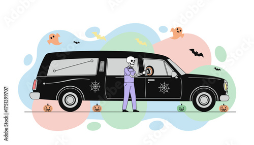 Skeleton cleaning a Halloween hearse with ghosts bats and pumpkins Fun spooky theme