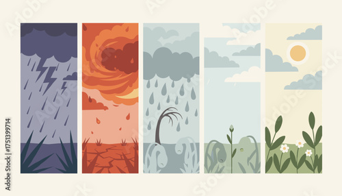 Environmental change illustrated extreme weather drought flooding recovery and flourishing nature
