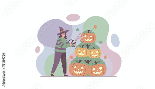 Woman in witch hat joyfully decorates a pumpkin pyramid for Halloween celebration