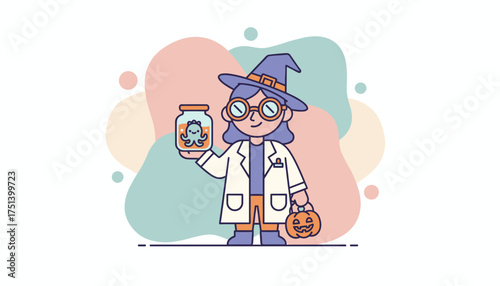 Playful witchscientist holding a monster jar and jackolantern for Halloween fun