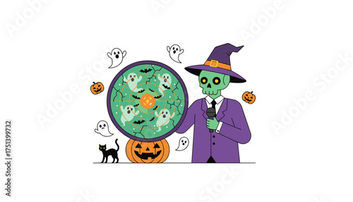 Spooky Halloween host character with mic presents a ghost target game surrounded by pumpkins and bats