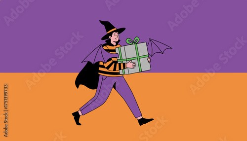 Cheerful person in a witch costume with bat wings delivering a festive Halloween gift