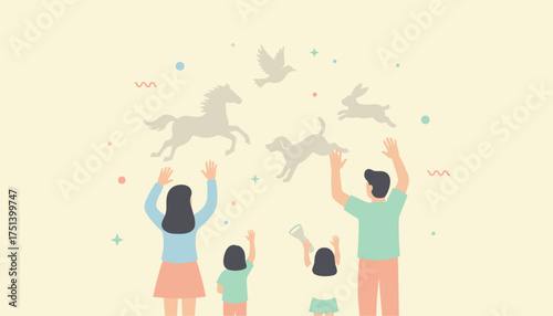Family creating animal shadow puppets on a wall fostering imagination and childhood fun