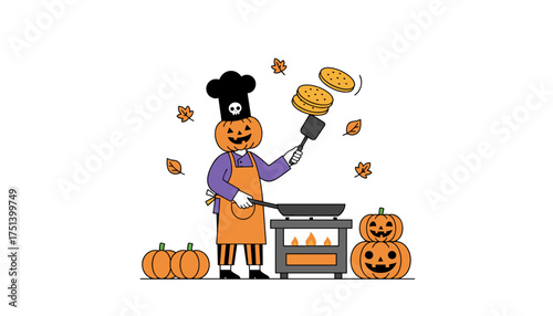 Pumpkin chef flipping pancakes on stove with autumn leaves and jackolanterns Halloween cooking fun