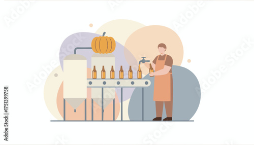 Craftsman bottling seasonal pumpkin beverage in a factory ideal for industry food and drink