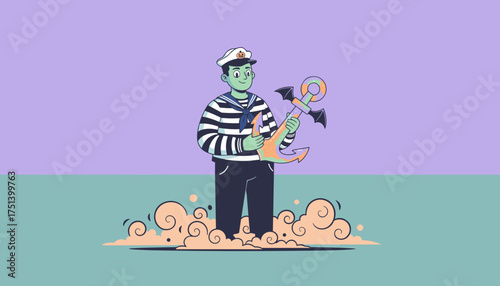 Green sailor zombie holding a spooky batwinged anchor for Halloween fun