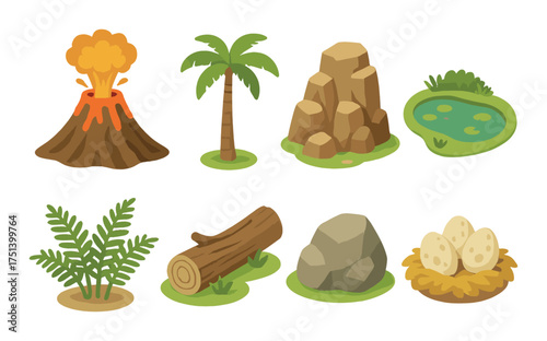Cartoon prehistoric landscape elements: volcano, palm tree, rocks, pond, ferns, log, boulder, dinosaur eggs