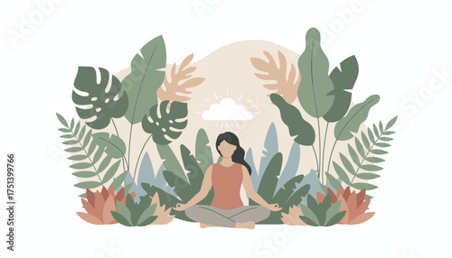 Woman meditating in nature finding peace and mindfulness amidst lush tropical plants Wellness lifestyle