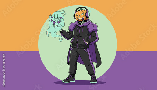 Pumpkin head gamer with ghost sidekick ready for a spooky gaming session
