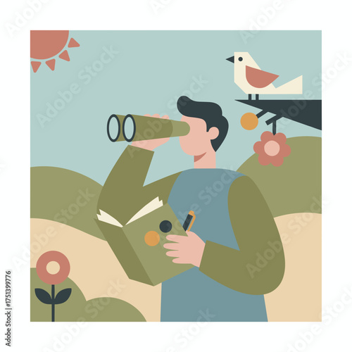 Man birdwatching with binoculars observing wildlife in nature Outdoor hobby discovery leisure