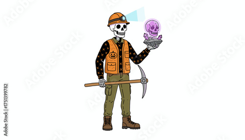 Halloween miner skeleton with pickaxe finds glowing skull and crystals Spooky discovery