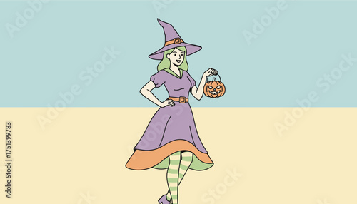 A friendly witch in a purple dress and hat holds a jackolantern ready for Halloween fun