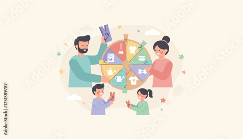 Happy family uses a chore wheel for household tasks promoting responsibility and teamwork