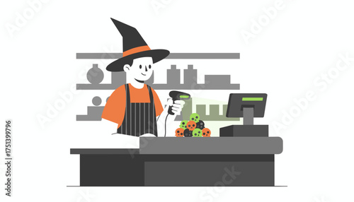 Friendly cashier in witch hat scanning Halloween themed products at checkout counter