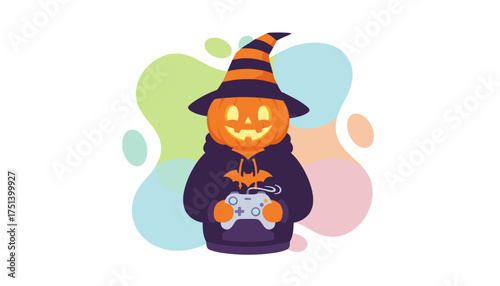 Gaming jackolantern in witch hat and bat hoodie perfect for Halloween fun and entertainment