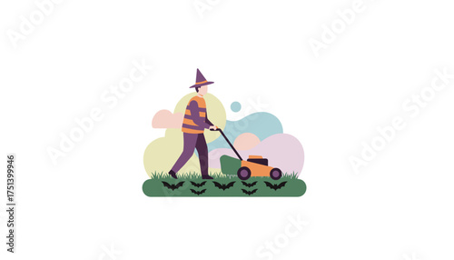 Person in witch hat mows a spooky lawn adorned with bats blending chores with Halloween