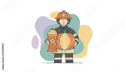 Firefighter holding a fire hydrant and pumpkin ideal for autumn safety or community themes