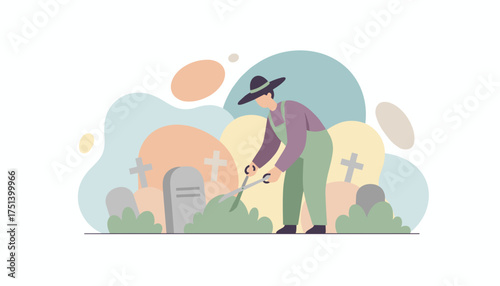 Cemetery caretaker trimming bushes near gravestones depicting remembrance and diligent care