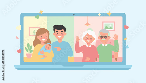 Family video call connecting generations celebrating a newborn remotely Online communication love
