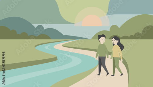 Happy couple walking peacefully on a path by a river in a serene mountain landscape at sunset