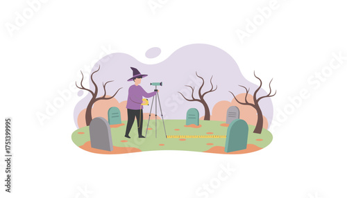Person in witch hat surveying a mysterious graveyard with measuring tools and bare trees