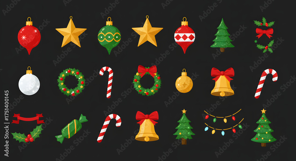 Fototapeta premium Festive Christmas Decorations Icons Including Ornaments, Candy Canes, and Lights