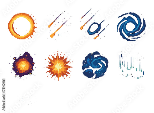 Vibrant pixel art space elements including planets, meteors, galaxies, and swirls
