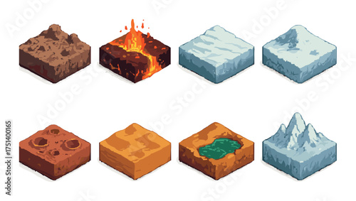 Isometric terrain tiles: lava, snow, desert, and mountain biomes