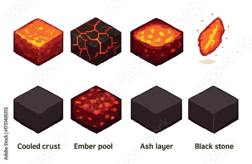 Voxel lava types: cooled crust, ember pool, ash layer, and black stone elements