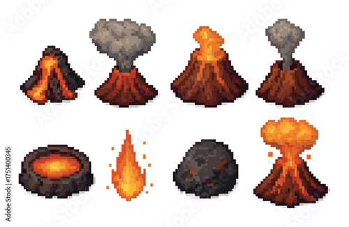 Pixel art volcano eruptions and lava variations in 8-bit style