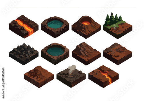 Isometric volcanic landscapes featuring lava, craters, and forests