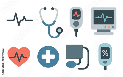 Medical health monitoring: stethoscope, heart rate, glucose tracker, blood pressure tools