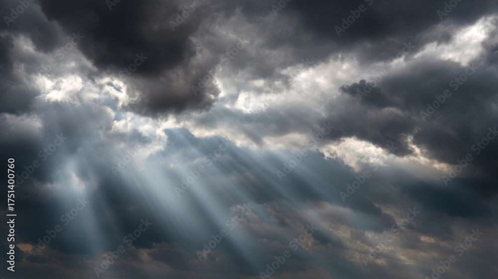 Fototapeta premium Dramatic Clouds in a Sky with Sunlight Rays Breaking Through Dark Stormy Atmosphere Creating a Stunning Natural Light Display