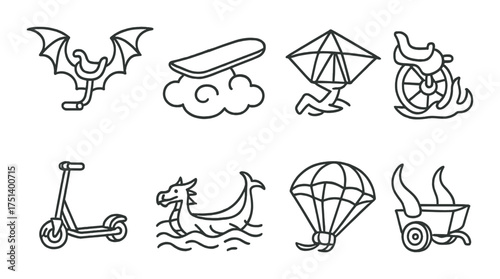 Minimalist icon set: flying bat, hoverboard, kite, unicycle, scooter, dragon boat, parachute, chariot