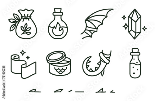 Fantasy icons: potion, wing, crystal, scroll, tail, magical elements