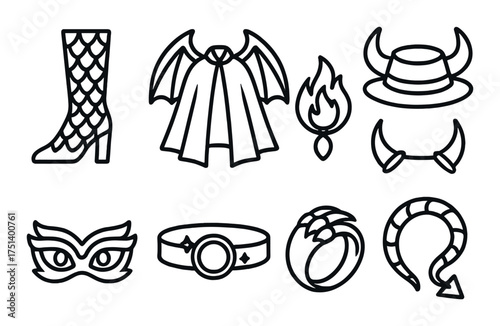 Fantasy costume elements: wings, boots, masks, and accessories