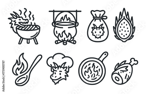 Fire-themed dragon food icons: grill, cauldron, spices, chef, ham, spoon, pan, fruit
