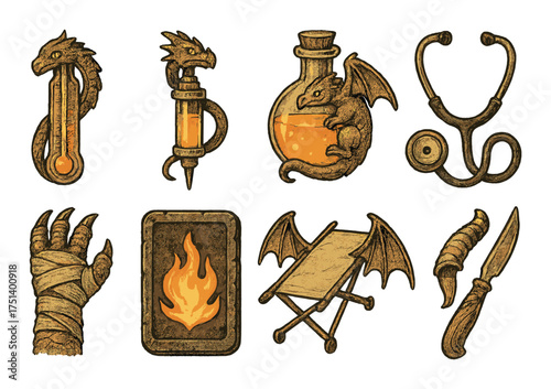 Fantasy medical icons: dragon-themed tools and healing artifacts