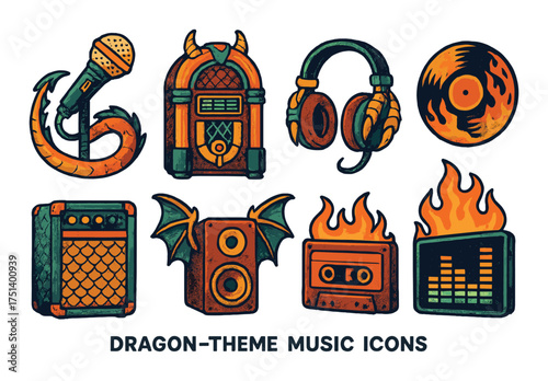 Dragon-theme music icons featuring microphone, jukebox, headphones, record, amp, speaker, cassette, equalizer