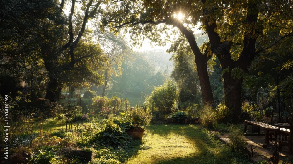 Obraz premium Serene Garden Scene with Morning Light Filtering Through Trees, Lush Greenery, and Tranquil Pathway in the Background