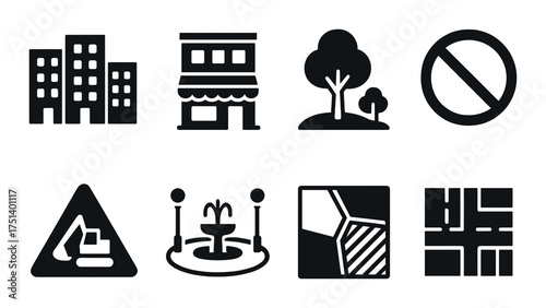 Urban and nature icons: buildings, tree, playground, no entry symbol, construction, map