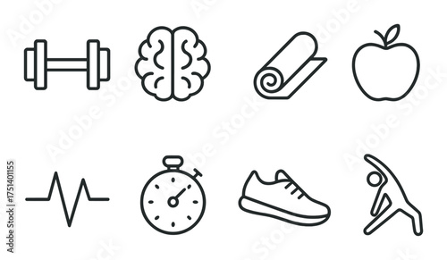 Wellness icons: dumbbell, brain, yoga mat, apple, heartbeat, stopwatch, sneaker, stretching figure