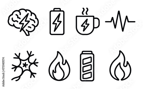 Energy and power icons: brain, battery, coffee, heartbeat, neuron, fire