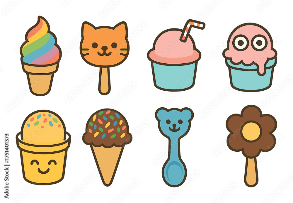 Fototapeta premium Colorful cartoon ice creams: cute cones, popsicles, adorable faces, and fun designs