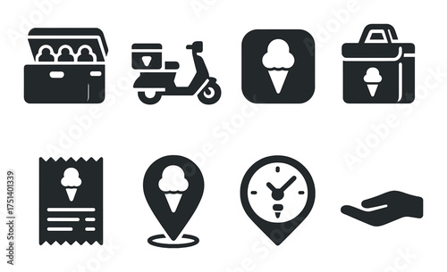 Ice cream delivery icons displaying scooter, location pin, and clock